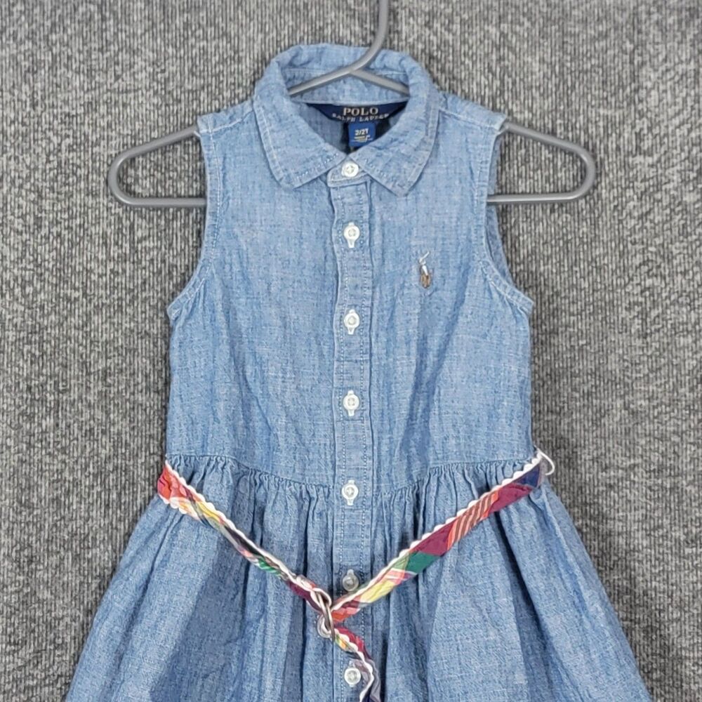 Polo Ralph Lauren Shirt Dress Girls 2T Blue Denim Chambray Button Up Flesh Pony - Picture 2 of 13